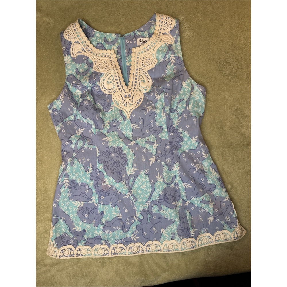 Lilly Pulitzer sleeveless Tunic tank 10 Chow wagon blue lace Beachy Boho vintage